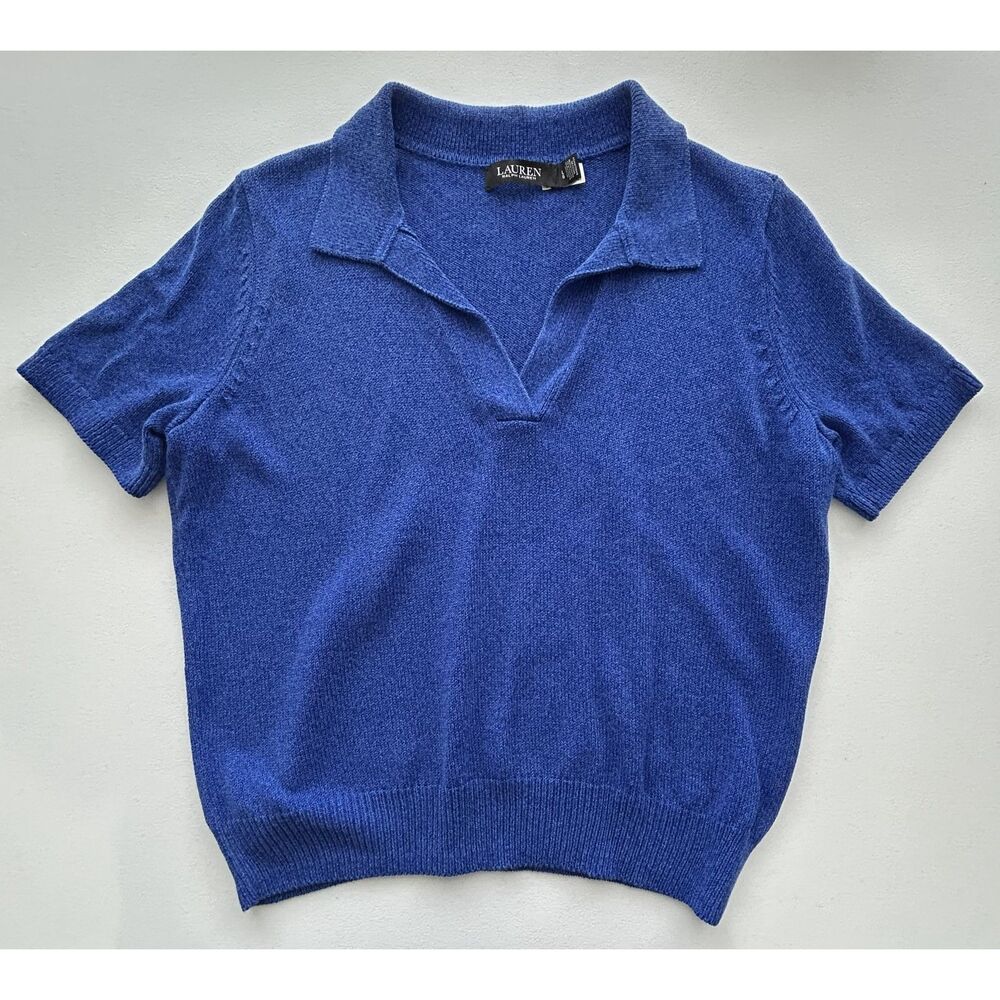 Lauren Ralph Lauren Short Sleeve Johnny Collar Polo Sweater Large Blue